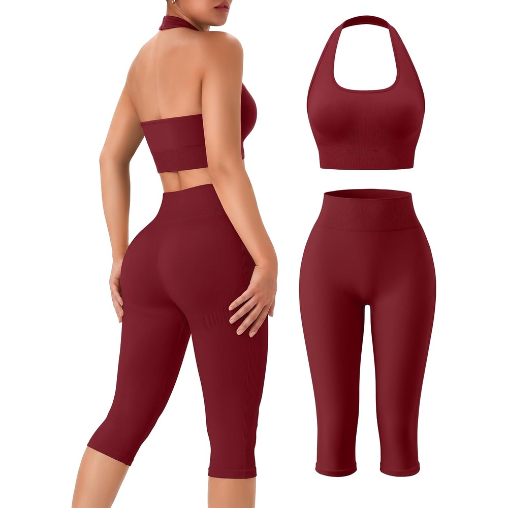 image:imageWomens Workout Sets 2 Piece Backless Halter Neck Sports Bra High Waist Scrunch Butt Capri Leggings Yoga Gym OutfitsRed