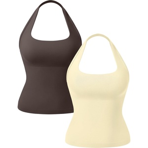OLCHEE Womens Halter Tank Tops Square Neck Backless Longline Seamless Gym Workout Yoga Pilates Top Padded 2 Pack(Chocolate Brown + Butter Yellow)