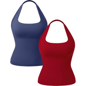OLCHEE Womens Halter Tank Tops Square Neck Backless Longline Seamless Gym Workout Yoga Pilates Top Padded 2 Pack(Navy Blue + Red)