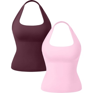 OLCHEE Womens Halter Tank Tops Square Neck Backless Longline Seamless Gym Workout Yoga Pilates Top Padded 2 Pack(Plum + Nude Pink)
