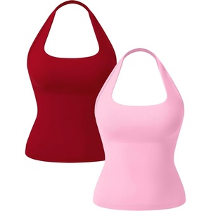 OLCHEE Womens Halter Tank Tops Square Neck Backless Longline Seamless Gym Workout Yoga Pilates Top Padded 2 Pack(Red + Light Pink)
