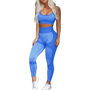 Women’s Workout Sets 2 Piece – Seamless Yoga Leggings and Cross-Strap Sports Bra Gym Outfits Activewear Matching Set(Bra and Leggings: Blue)