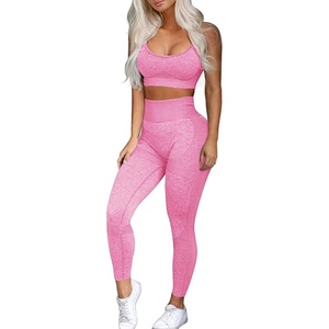 Women’s Workout Sets 2 Piece – Seamless Yoga Leggings and Cross-Strap Sports Bra Gym Outfits Activewear Matching Set(Bra and Leggings: Light Pink)