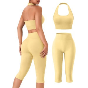 Womens Workout Sets 2 Piece Backless Halter Neck Sports Bra High Waist Scrunch Butt Capri Leggings Yoga Gym Outfits(Butter Yellow)