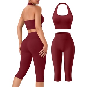 Womens Workout Sets 2 Piece Backless Halter Neck Sports Bra High Waist Scrunch Butt Capri Leggings Yoga Gym Outfits(Red)