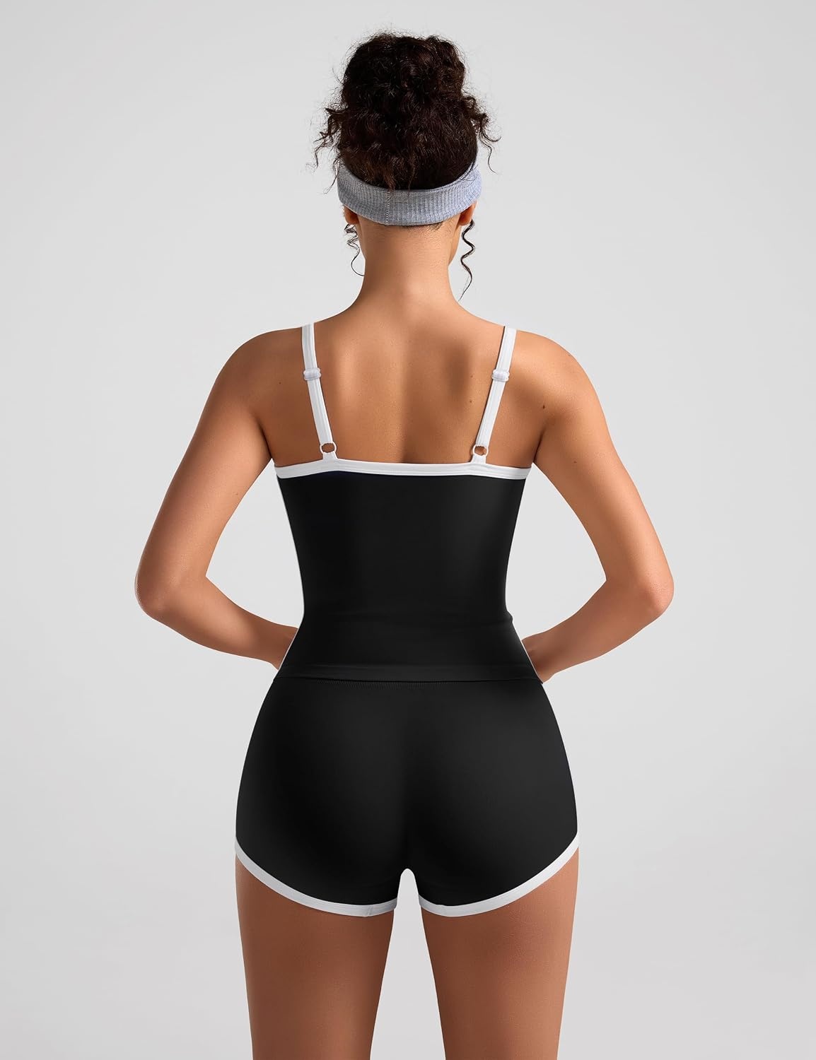 image:imageWomens Workout Sets 2 Piece Contrast Trim Cami Tank Top Mini Gym Shorts Adjustable Strap Yoga Casual Lounge OutfitBlack