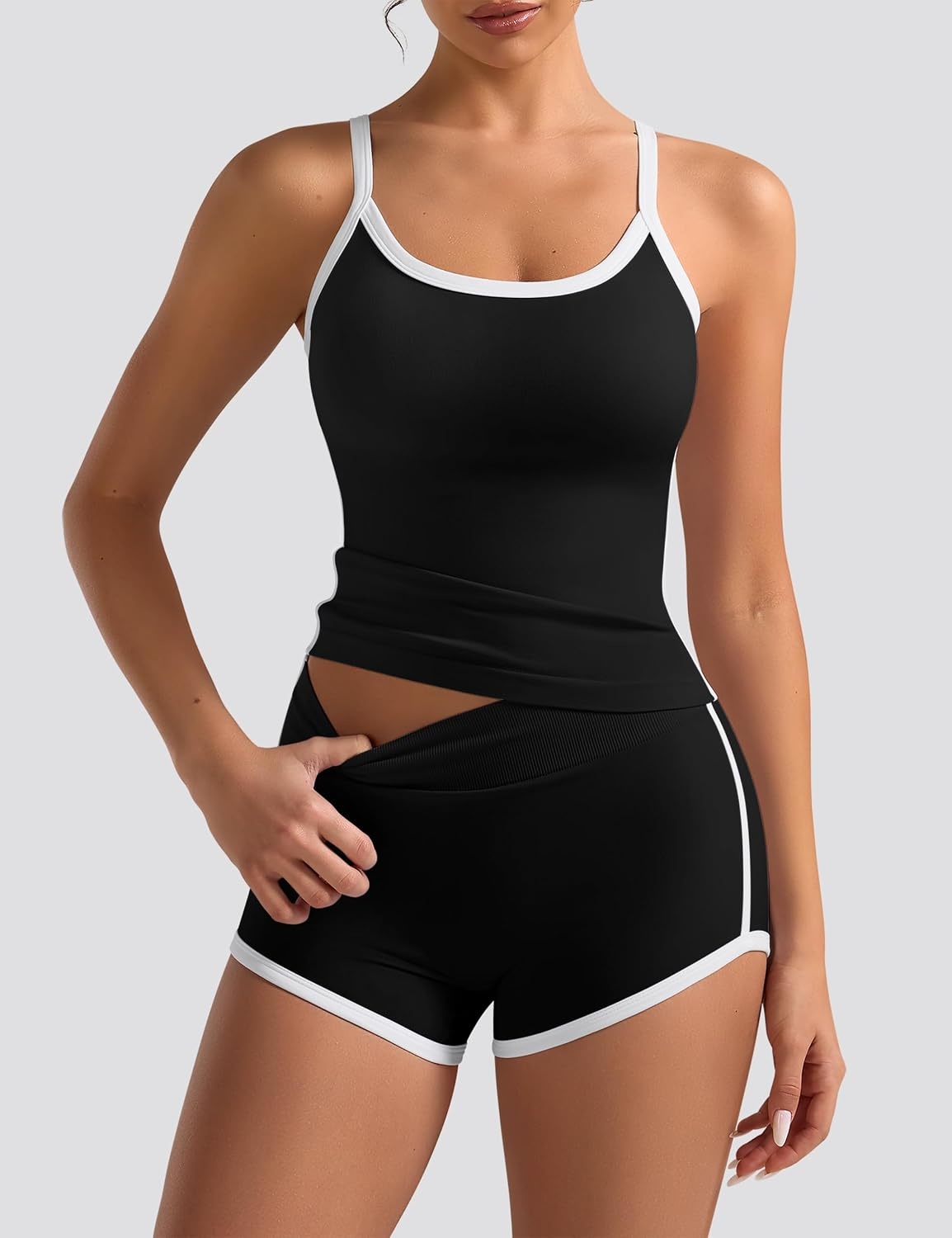 image:imageWomens Workout Sets 2 Piece Contrast Trim Cami Tank Top Mini Gym Shorts Adjustable Strap Yoga Casual Lounge OutfitBlack