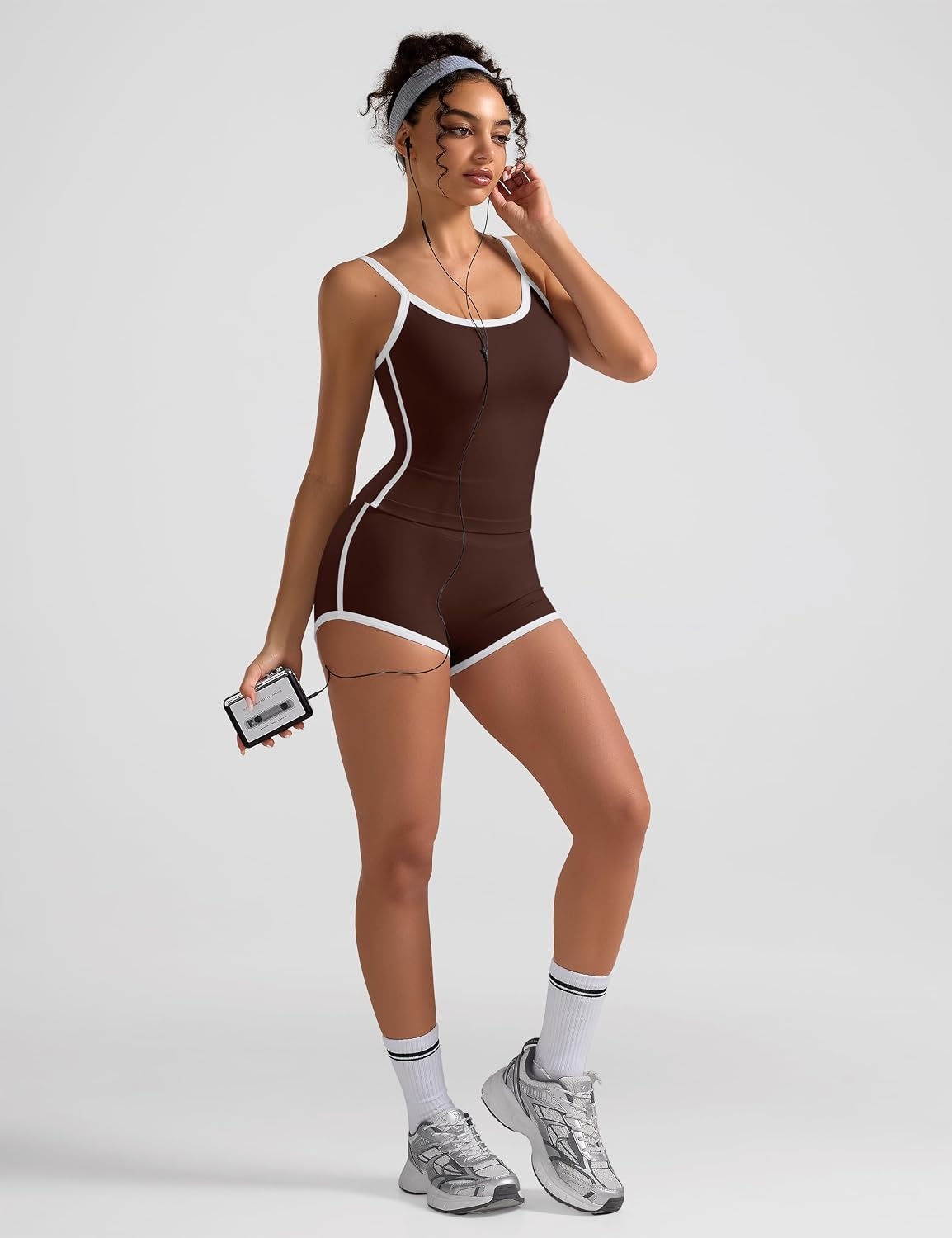 image:imageWomens Workout Sets 2 Piece Contrast Trim Cami Tank Top Mini Gym Shorts Adjustable Strap Yoga Casual Lounge OutfitBrown