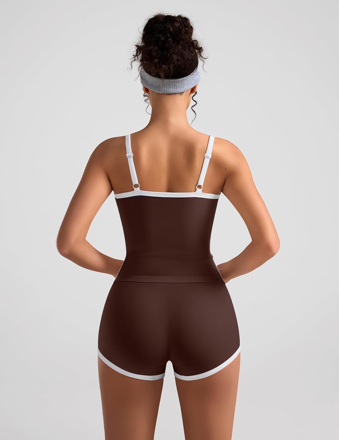 image:imageWomens Workout Sets 2 Piece Contrast Trim Cami Tank Top Mini Gym Shorts Adjustable Strap Yoga Casual Lounge OutfitBrown