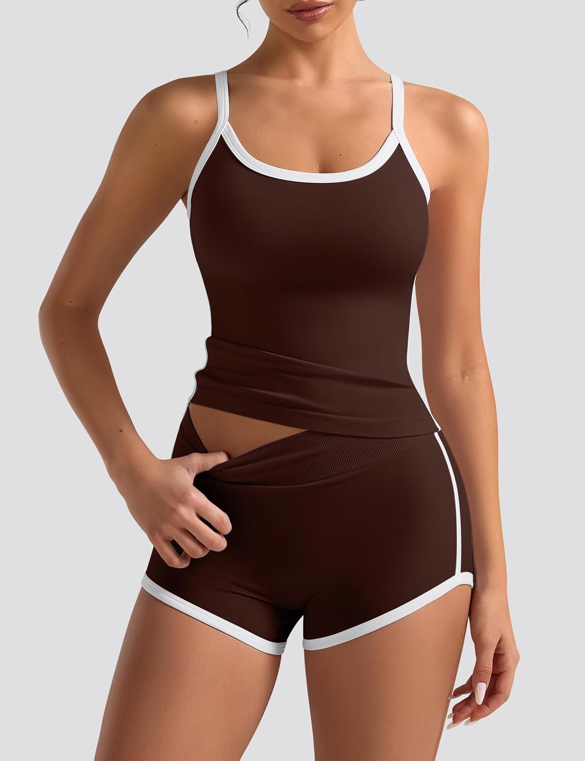 image:imageWomens Workout Sets 2 Piece Contrast Trim Cami Tank Top Mini Gym Shorts Adjustable Strap Yoga Casual Lounge OutfitBrown