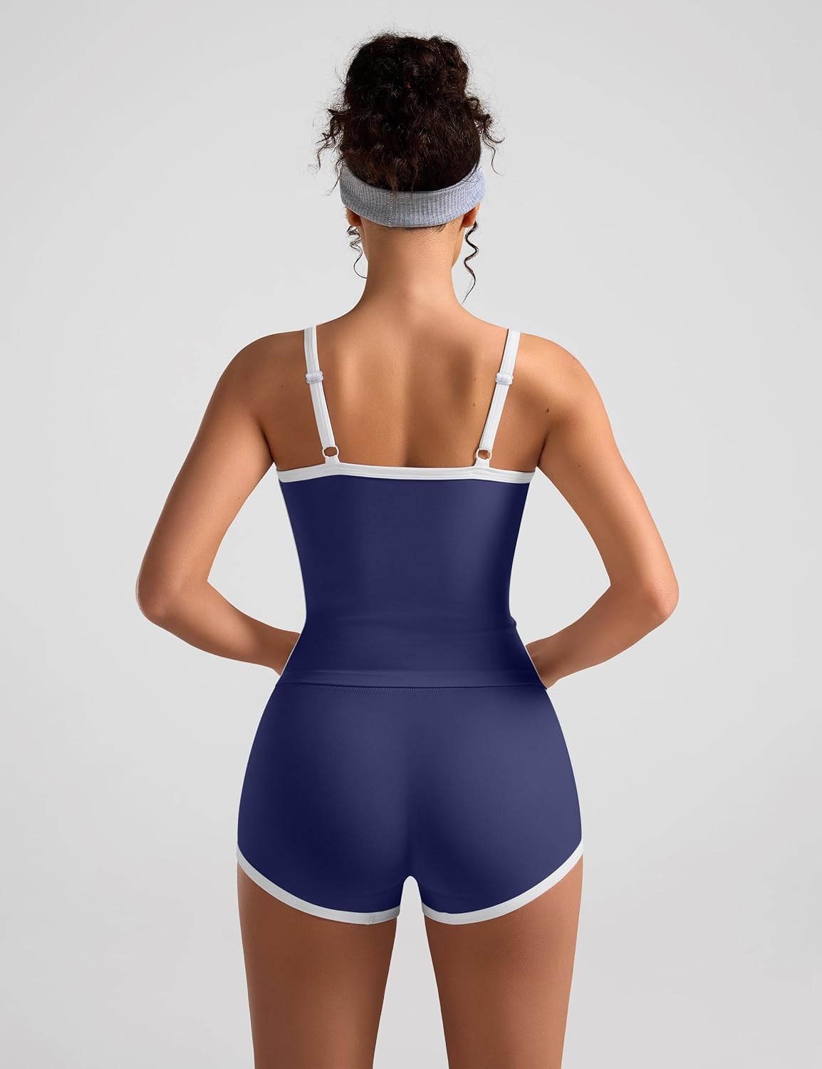 image:imageWomens Workout Sets 2 Piece Contrast Trim Cami Tank Top Mini Gym Shorts Adjustable Strap Yoga Casual Lounge OutfitNavy