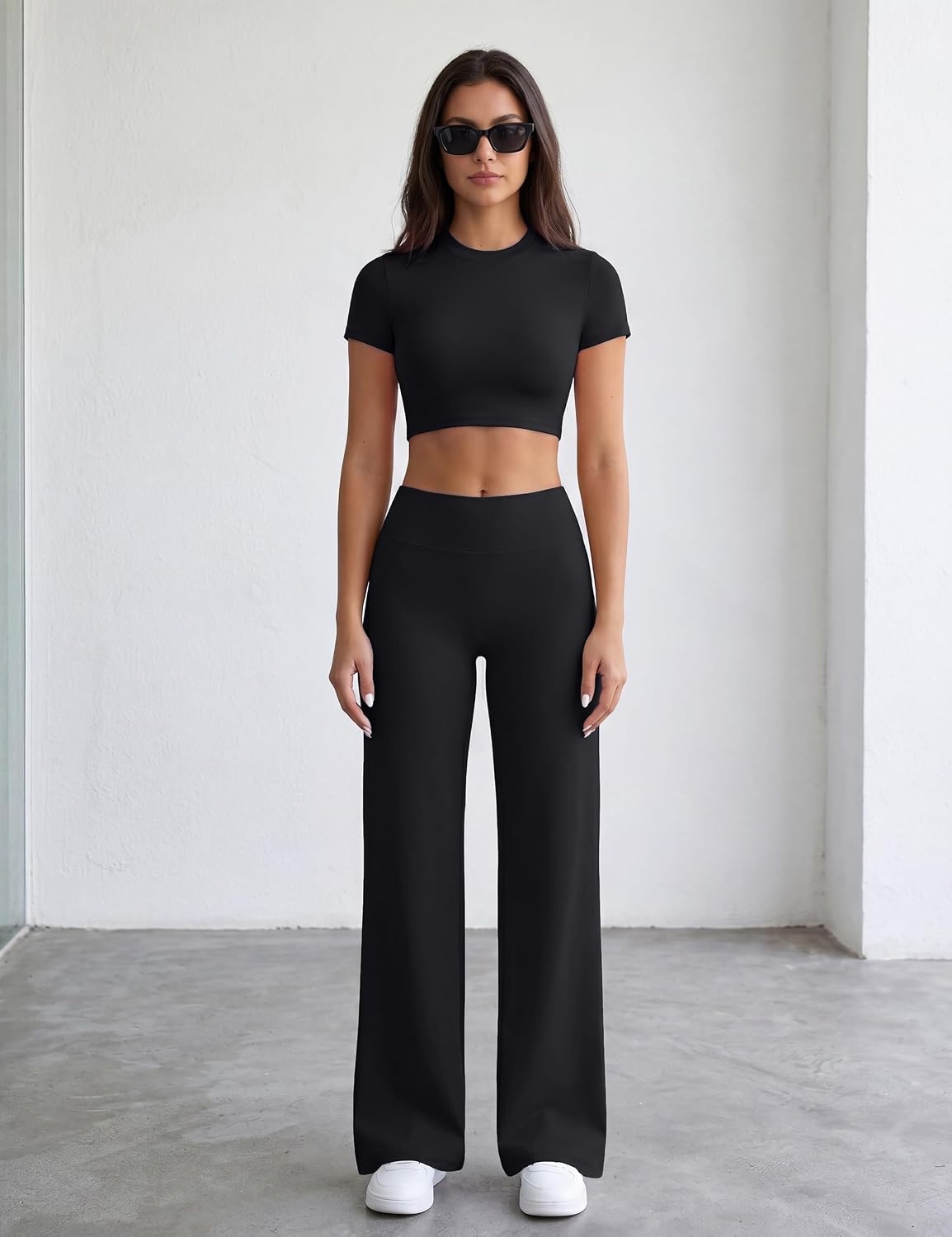 image:imageWomens Workout Sets 2 Piece Crop Short Sleeve Shirt High Waist Straight Wide Leg Yoga Pants Matching Gym Summer OutfitBlack