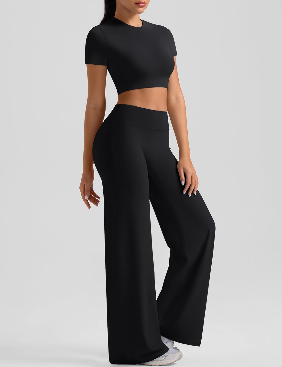 image:imageWomens Workout Sets 2 Piece Crop Short Sleeve Shirt High Waist Straight Wide Leg Yoga Pants Matching Gym Summer OutfitBlack