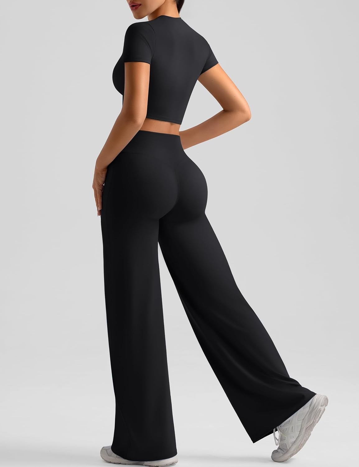 image:imageWomens Workout Sets 2 Piece Crop Short Sleeve Shirt High Waist Straight Wide Leg Yoga Pants Matching Gym Summer OutfitBlack