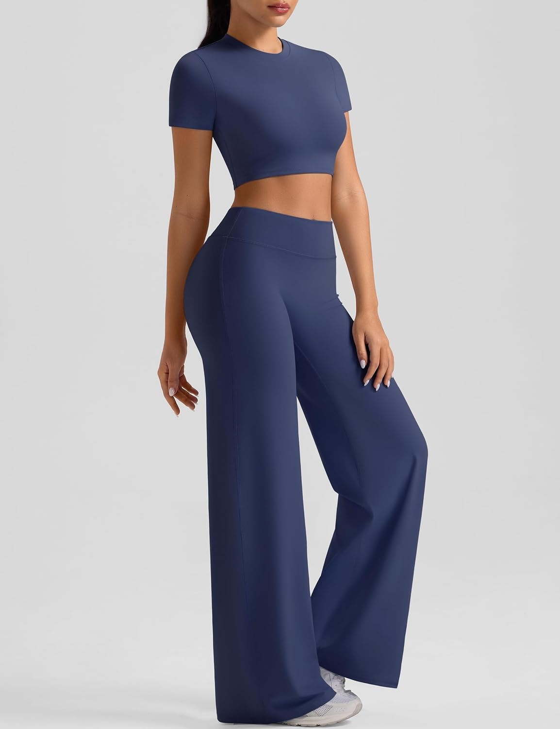 image:imageWomens Workout Sets 2 Piece Crop Short Sleeve Shirt High Waist Straight Wide Leg Yoga Pants Matching Gym Summer OutfitBlue