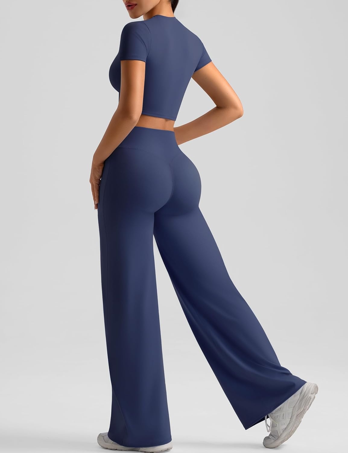 image:imageWomens Workout Sets 2 Piece Crop Short Sleeve Shirt High Waist Straight Wide Leg Yoga Pants Matching Gym Summer OutfitBlue