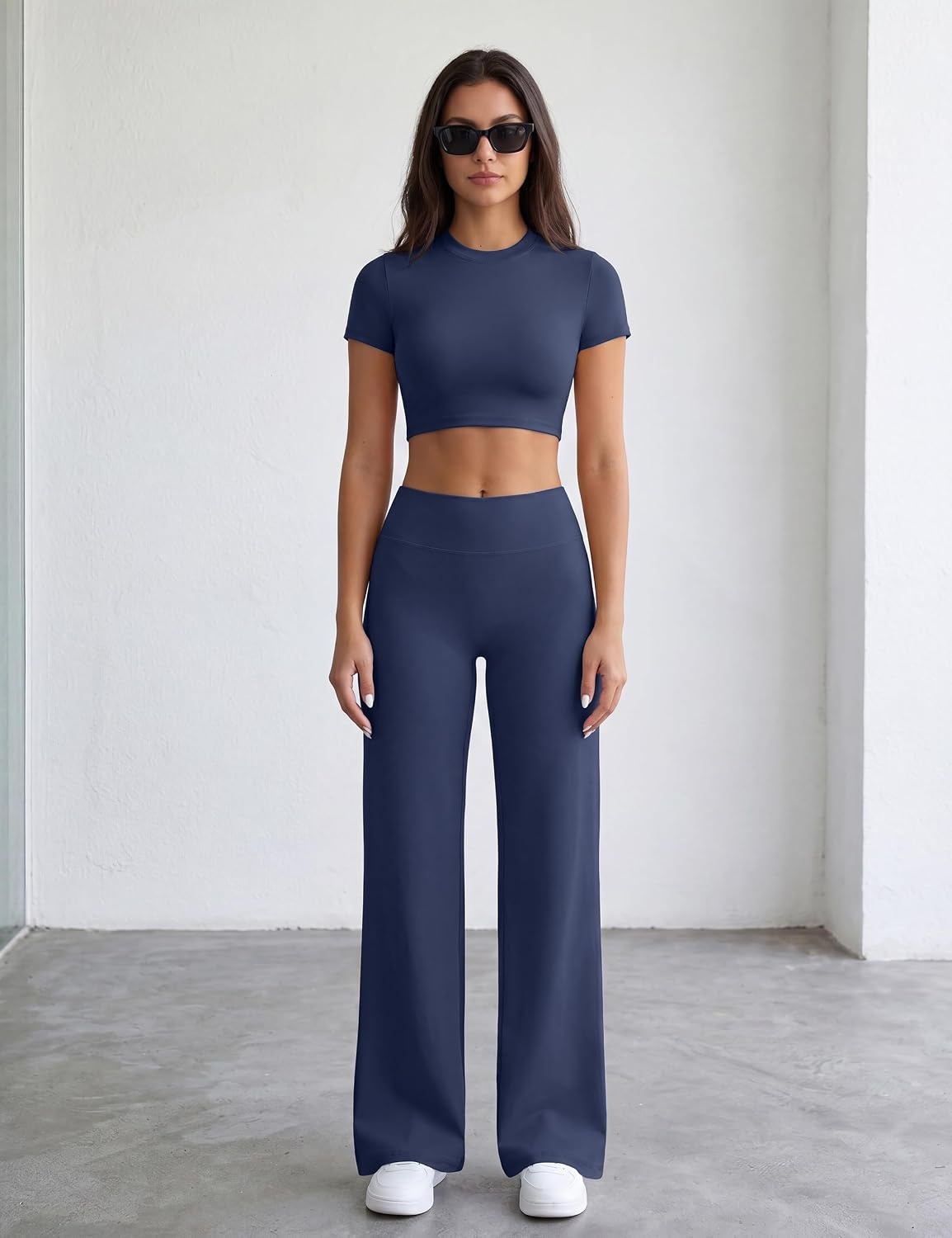 image:imageWomens Workout Sets 2 Piece Crop Short Sleeve Shirt High Waist Straight Wide Leg Yoga Pants Matching Gym Summer OutfitBlue