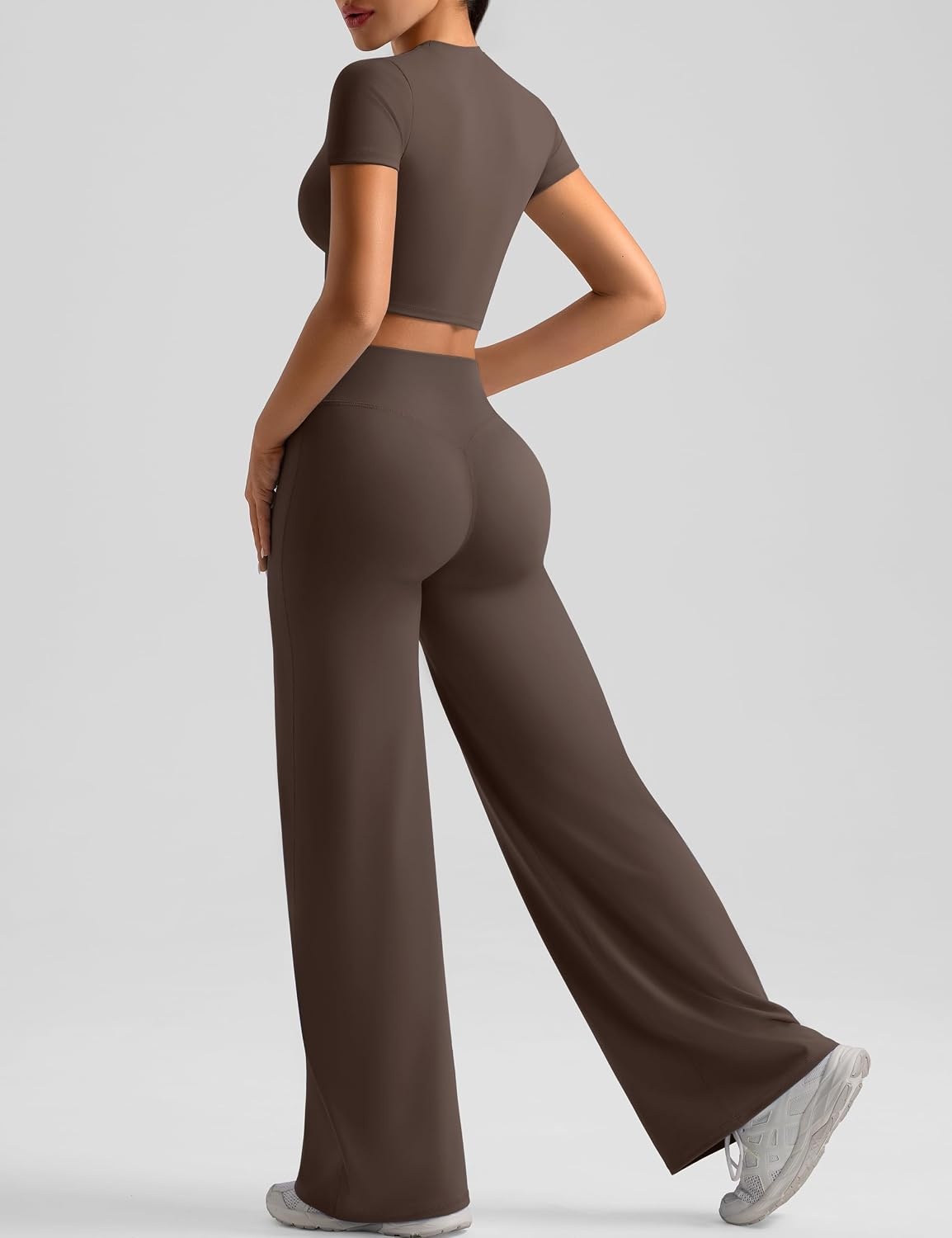 image:imageWomens Workout Sets 2 Piece Crop Short Sleeve Shirt High Waist Straight Wide Leg Yoga Pants Matching Gym Summer OutfitBrown
