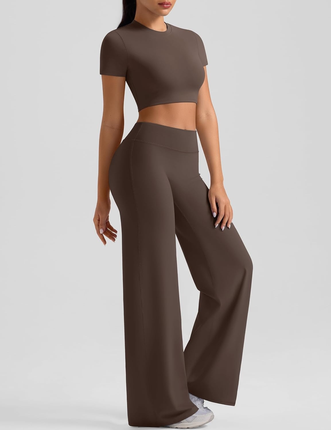 image:imageWomens Workout Sets 2 Piece Crop Short Sleeve Shirt High Waist Straight Wide Leg Yoga Pants Matching Gym Summer OutfitBrown