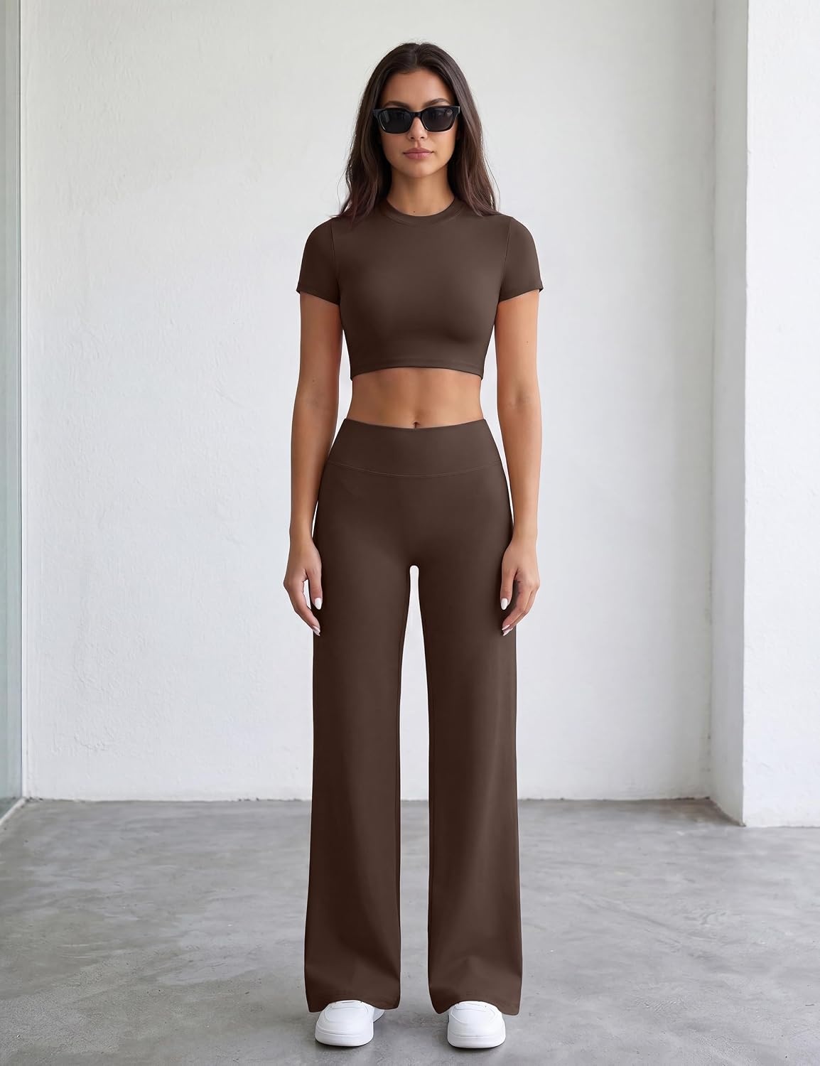 image:imageWomens Workout Sets 2 Piece Crop Short Sleeve Shirt High Waist Straight Wide Leg Yoga Pants Matching Gym Summer OutfitBrown