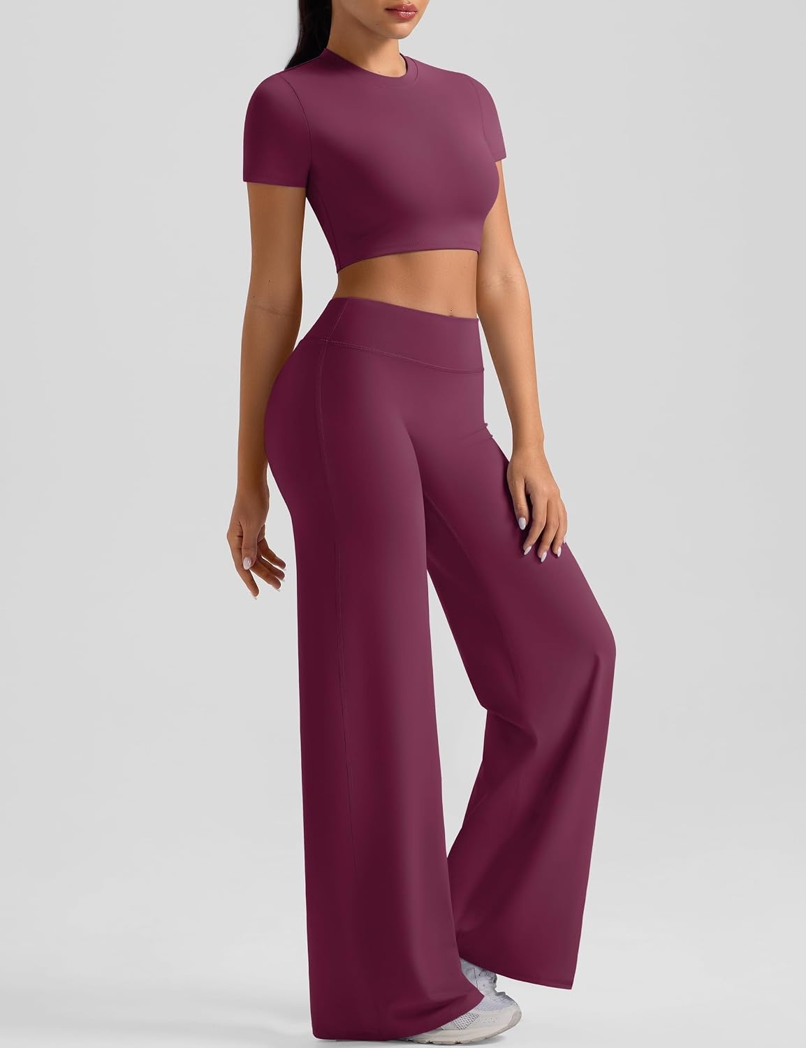 image:imageWomens Workout Sets 2 Piece Crop Short Sleeve Shirt High Waist Straight Wide Leg Yoga Pants Matching Gym Summer OutfitPurple
