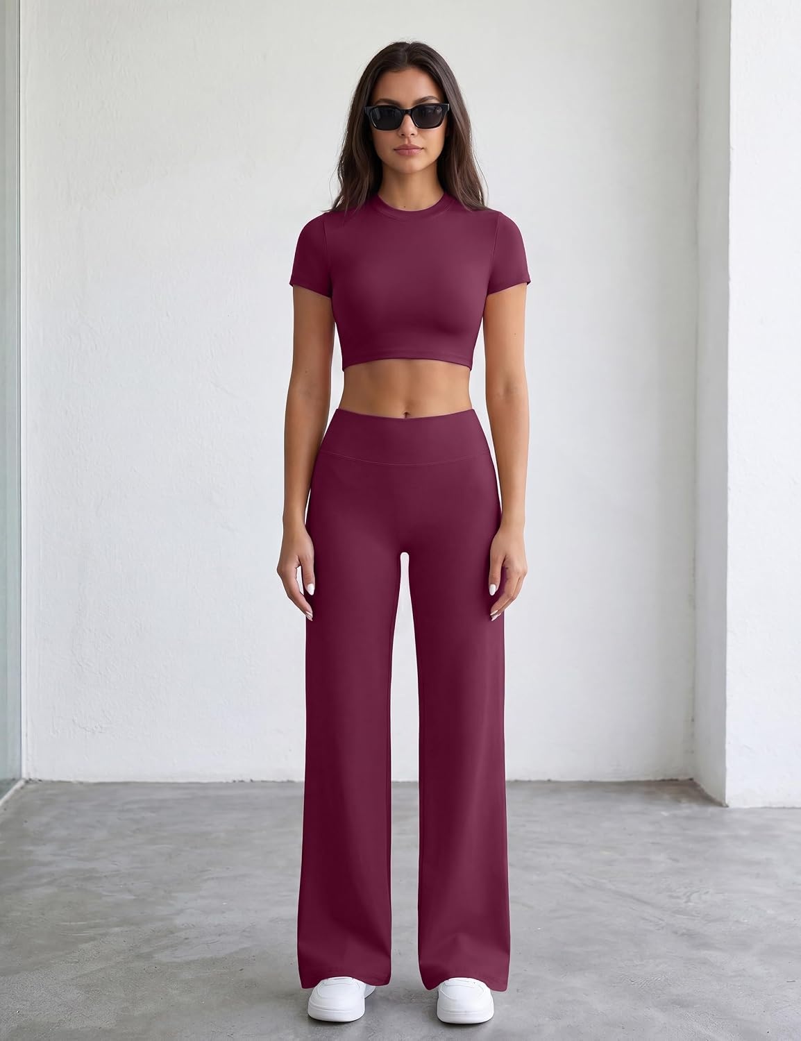 image:imageWomens Workout Sets 2 Piece Crop Short Sleeve Shirt High Waist Straight Wide Leg Yoga Pants Matching Gym Summer OutfitPurple