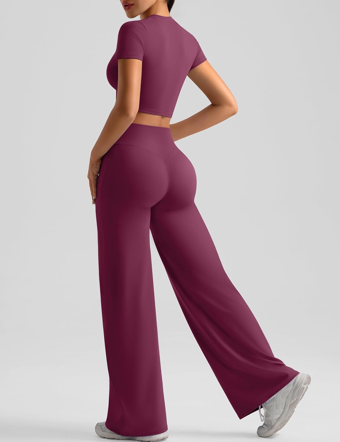 image:imageWomens Workout Sets 2 Piece Crop Short Sleeve Shirt High Waist Straight Wide Leg Yoga Pants Matching Gym Summer OutfitPurple