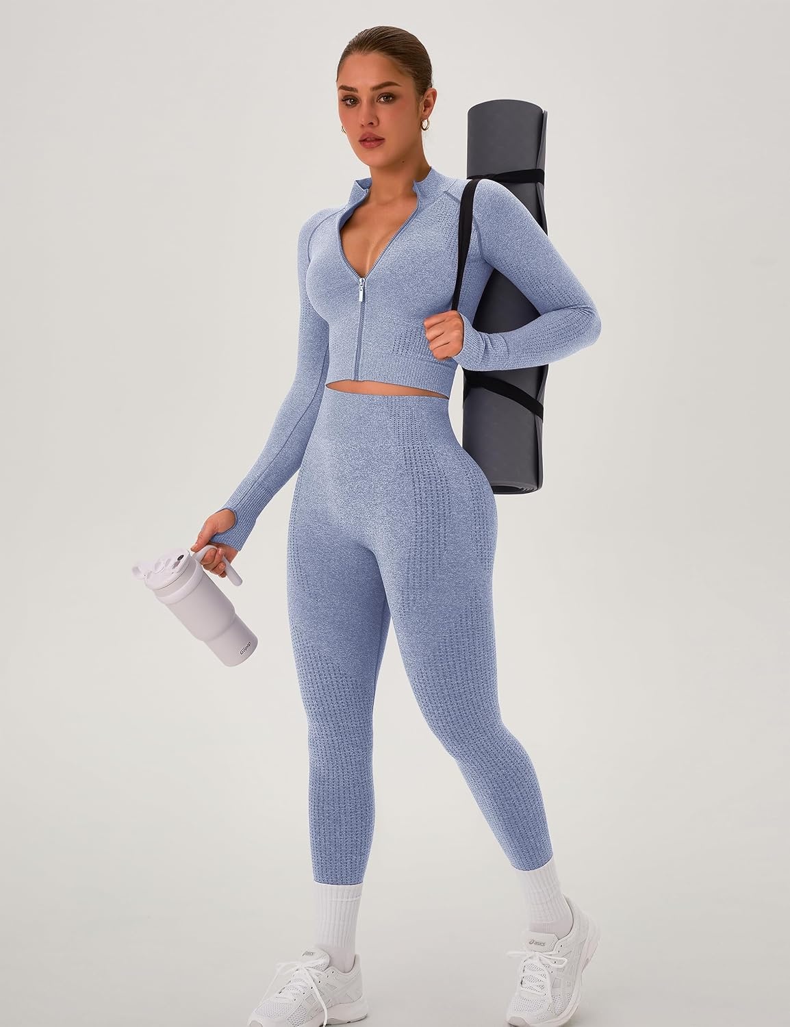 image:imageWomens Workout Sets 2 Piece Seamless Yoga Outfits Long Sleeve Zipper Jacket High Waist Leggings Butt Lifting Gym SetBlue