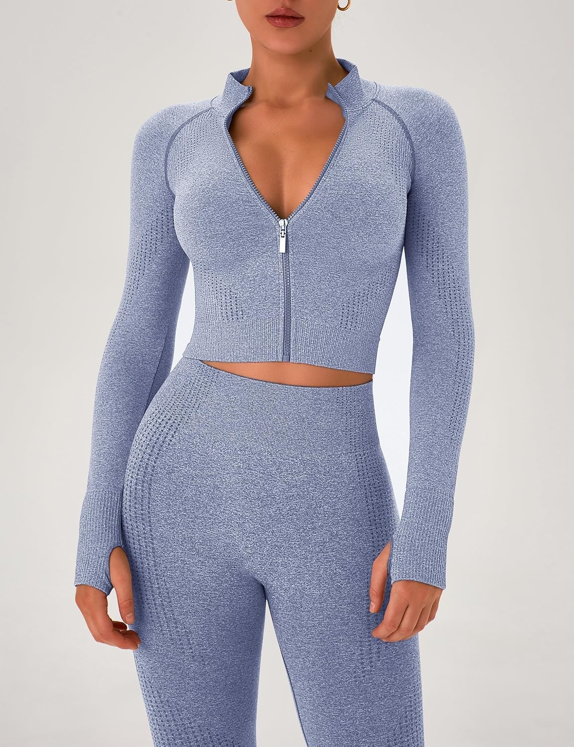 image:imageWomens Workout Sets 2 Piece Seamless Yoga Outfits Long Sleeve Zipper Jacket High Waist Leggings Butt Lifting Gym SetBlue