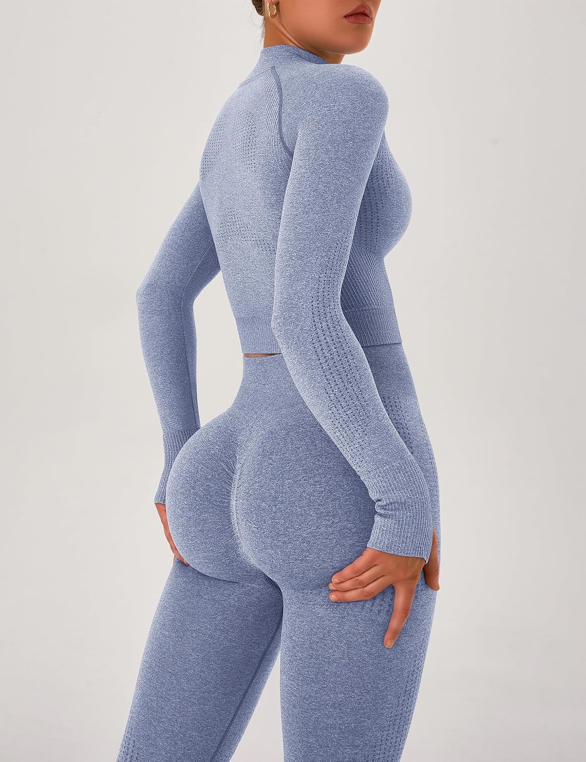 image:imageWomens Workout Sets 2 Piece Seamless Yoga Outfits Long Sleeve Zipper Jacket High Waist Leggings Butt Lifting Gym SetBlue
