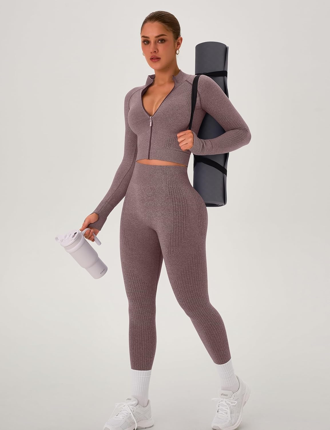 image:imageWomens Workout Sets 2 Piece Seamless Yoga Outfits Long Sleeve Zipper Jacket High Waist Leggings Butt Lifting Gym SetBrown