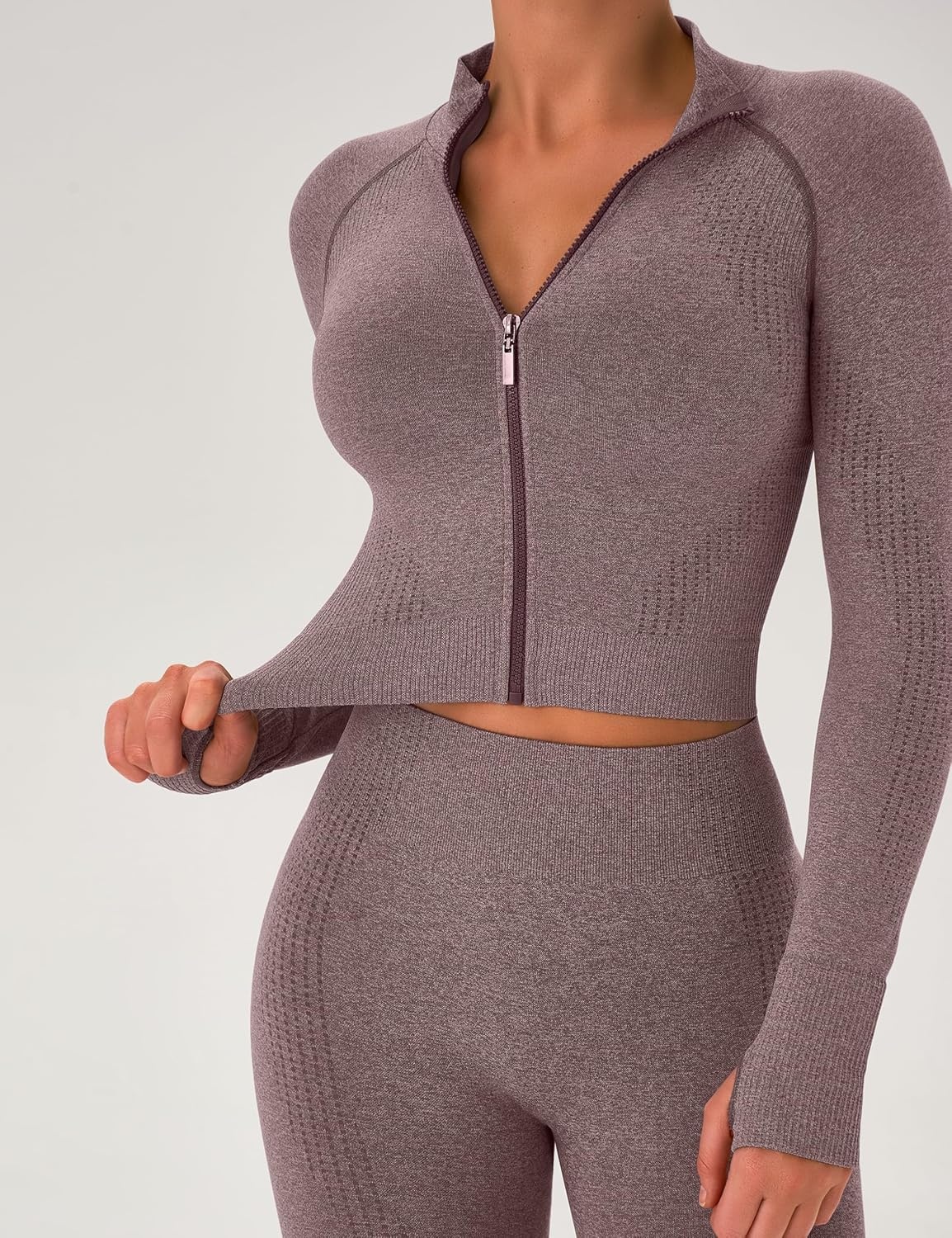 image:imageWomens Workout Sets 2 Piece Seamless Yoga Outfits Long Sleeve Zipper Jacket High Waist Leggings Butt Lifting Gym SetBrown