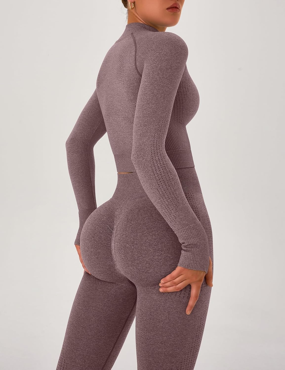 image:imageWomens Workout Sets 2 Piece Seamless Yoga Outfits Long Sleeve Zipper Jacket High Waist Leggings Butt Lifting Gym SetBrown
