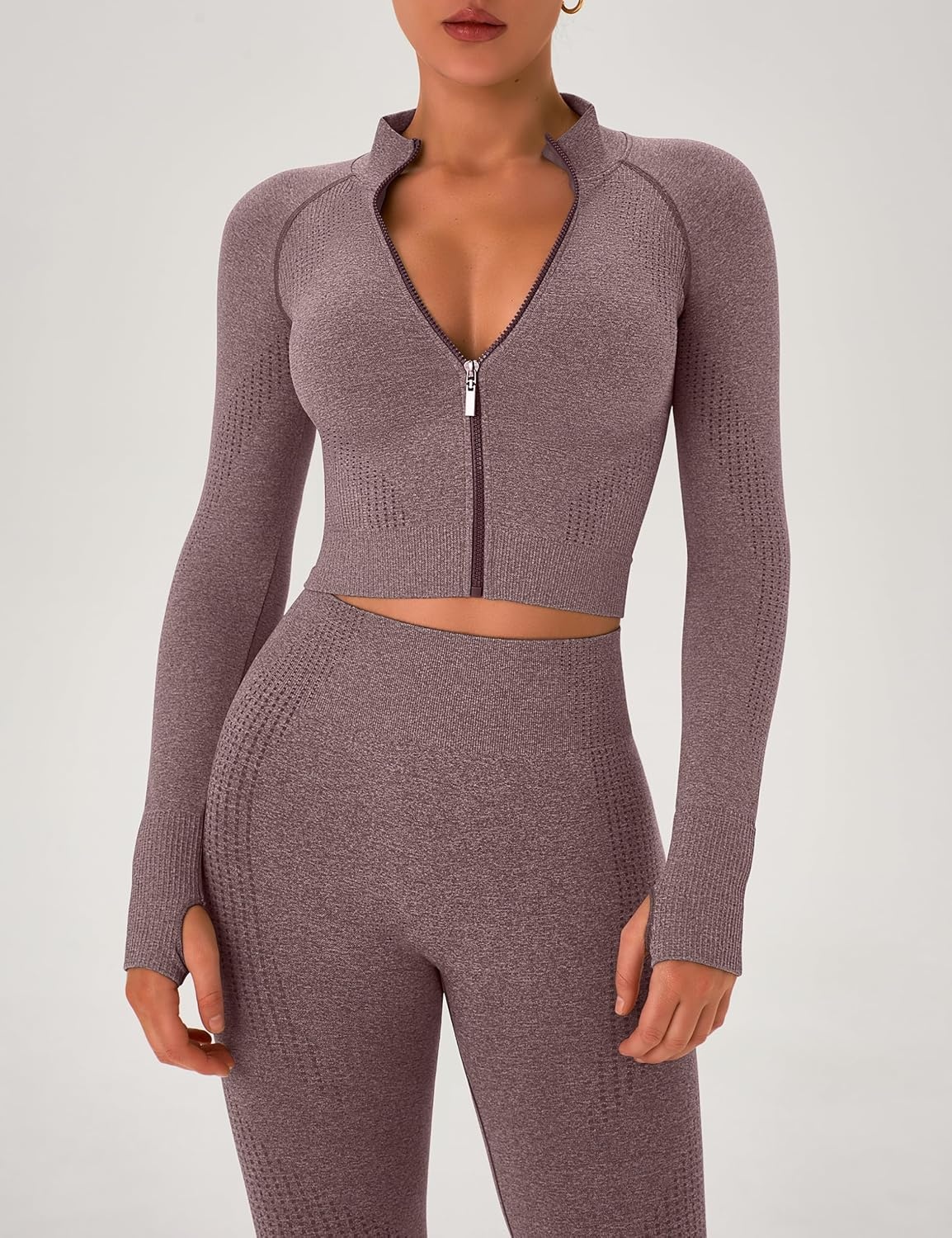 image:imageWomens Workout Sets 2 Piece Seamless Yoga Outfits Long Sleeve Zipper Jacket High Waist Leggings Butt Lifting Gym SetBrown