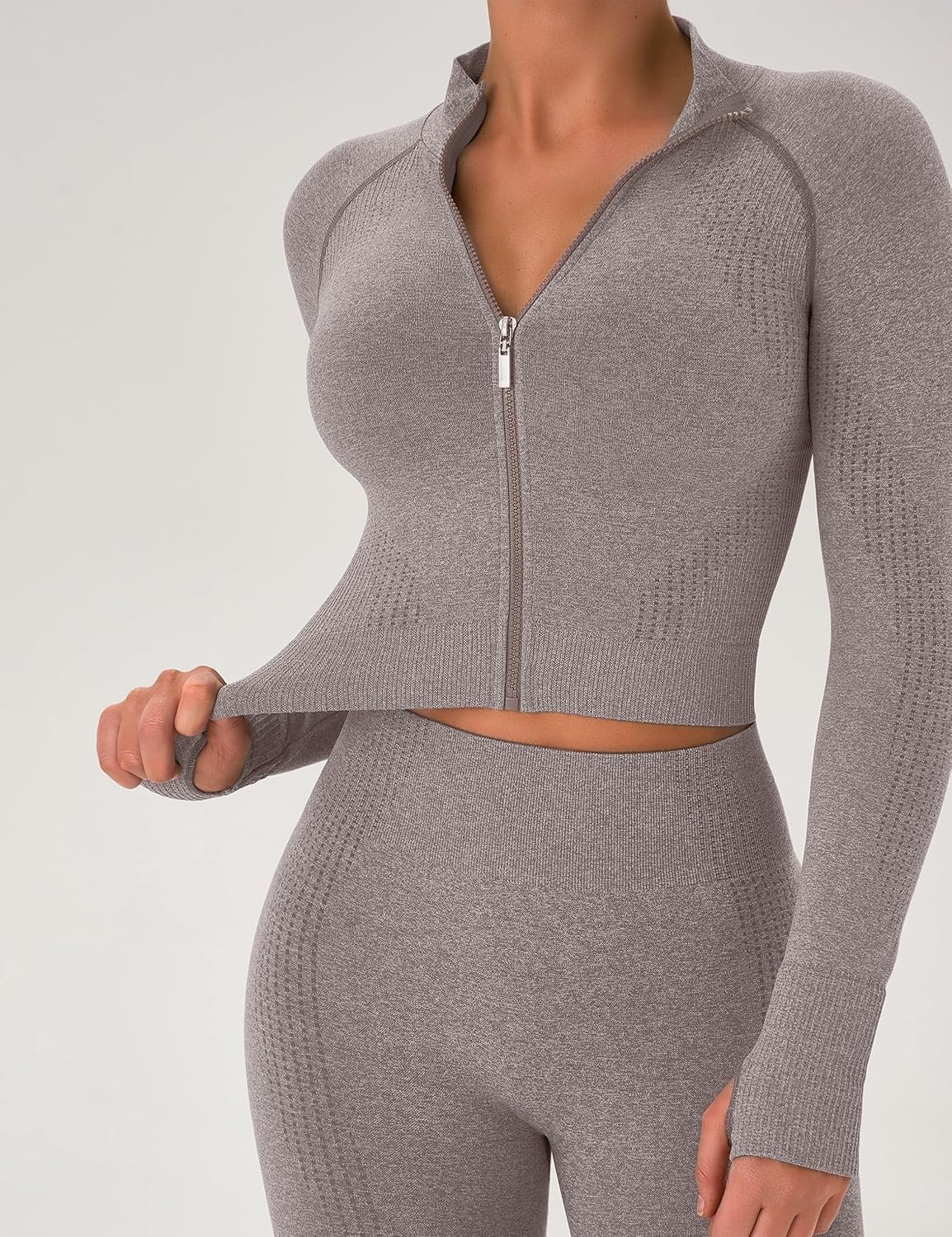image:imageWomens Workout Sets 2 Piece Seamless Yoga Outfits Long Sleeve Zipper Jacket High Waist Leggings Butt Lifting Gym SetCream