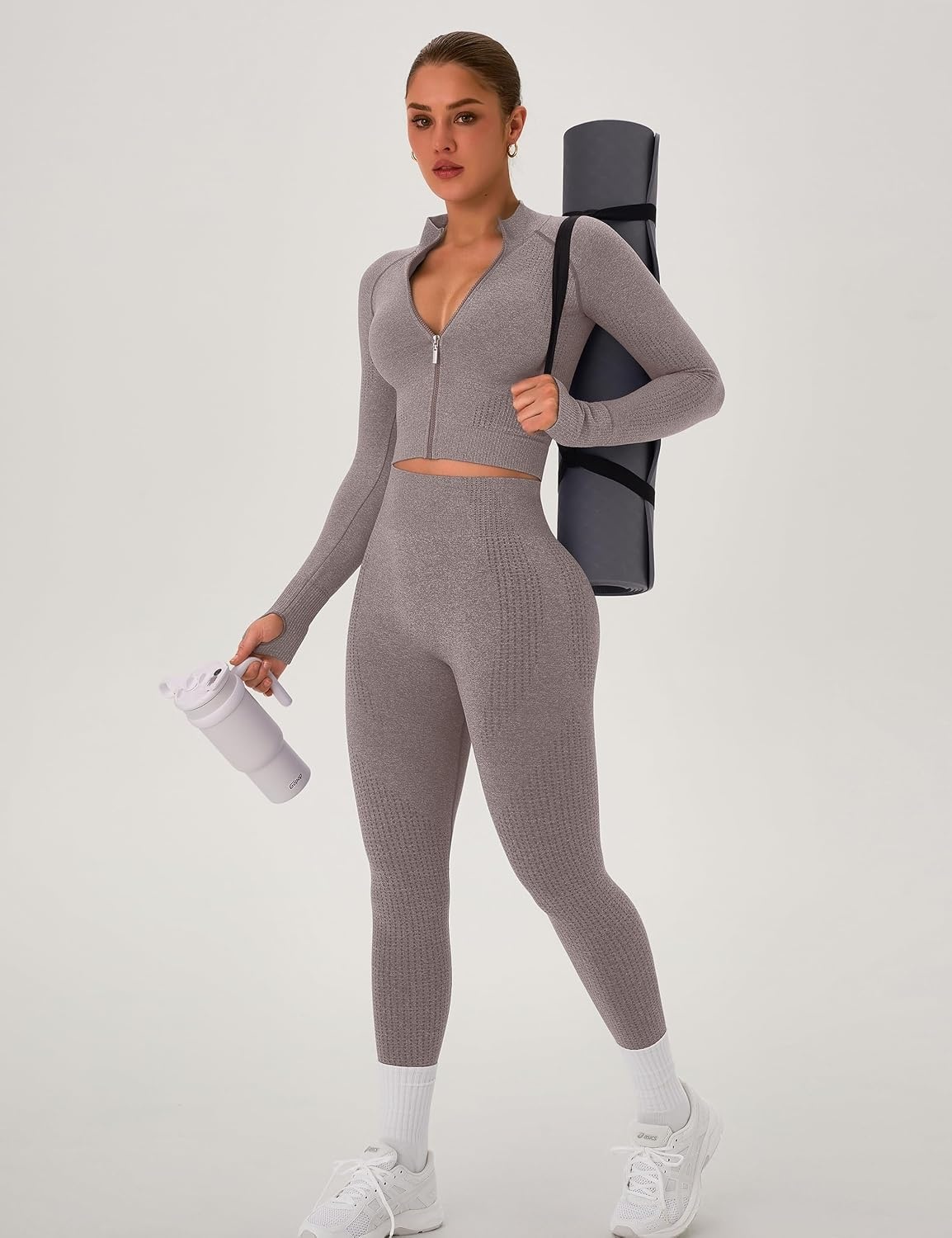 image:imageWomens Workout Sets 2 Piece Seamless Yoga Outfits Long Sleeve Zipper Jacket High Waist Leggings Butt Lifting Gym SetCream