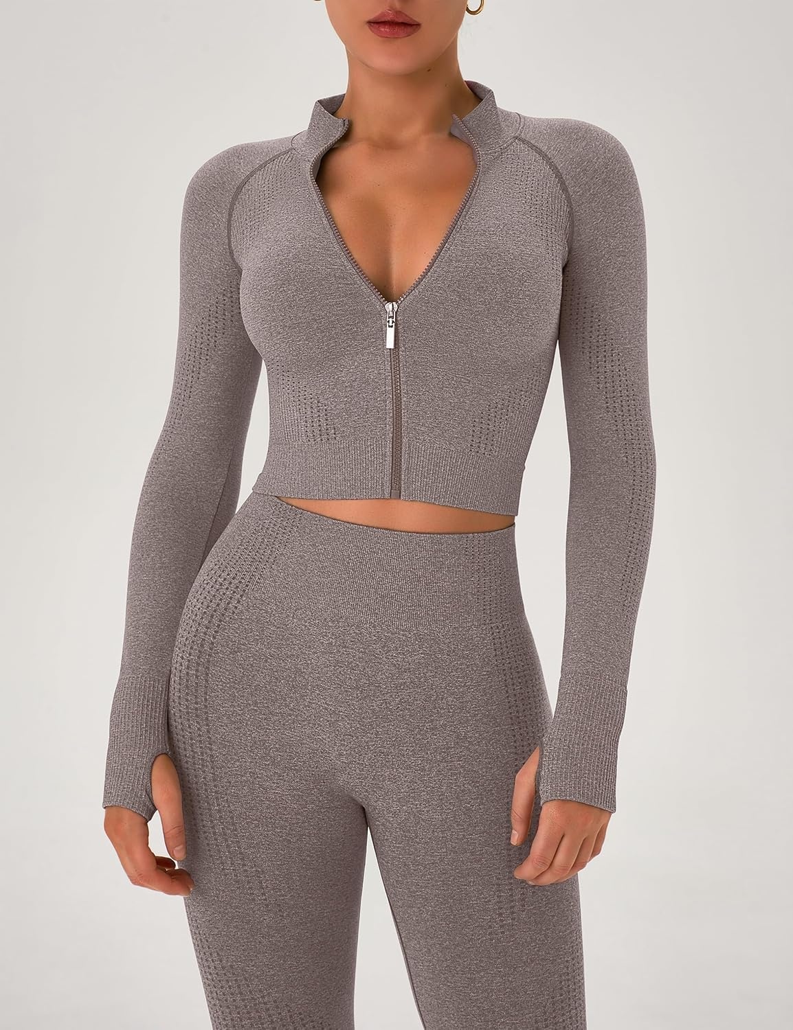 image:imageWomens Workout Sets 2 Piece Seamless Yoga Outfits Long Sleeve Zipper Jacket High Waist Leggings Butt Lifting Gym SetCream