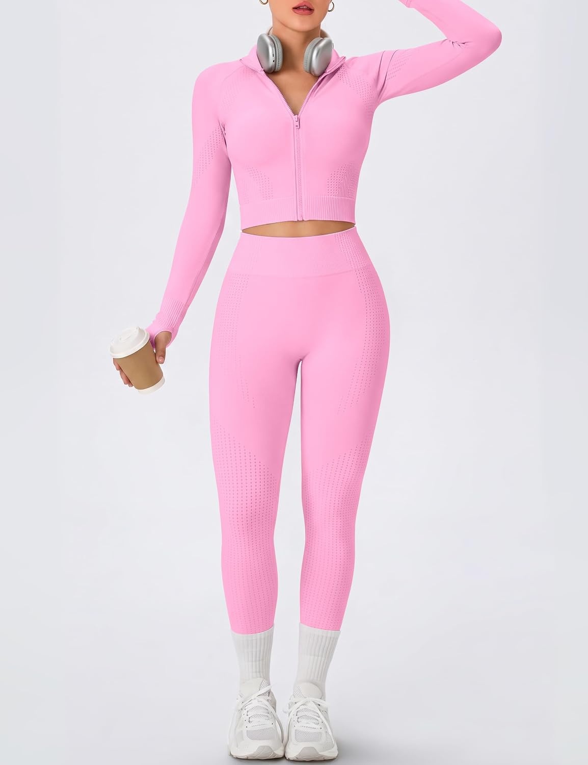image:imageWomens Workout Sets 2 Piece Seamless Yoga Outfits Long Sleeve Zipper Jacket High Waist Leggings Butt Lifting Gym SetLight Pink