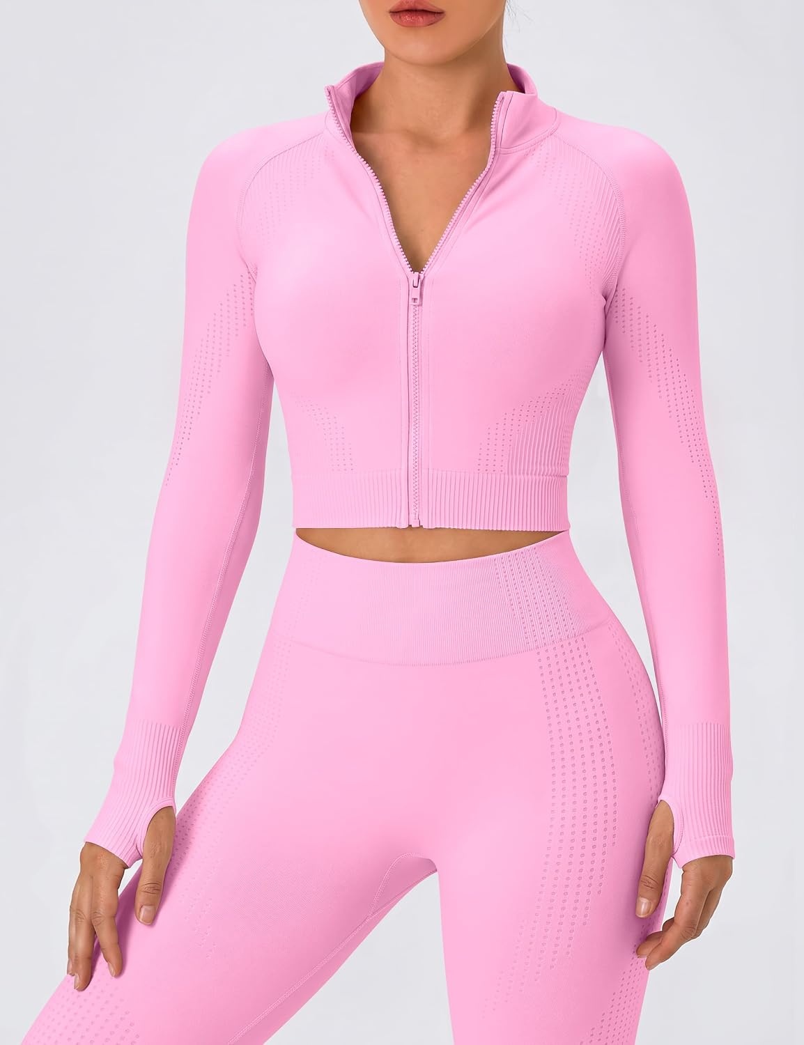 image:imageWomens Workout Sets 2 Piece Seamless Yoga Outfits Long Sleeve Zipper Jacket High Waist Leggings Butt Lifting Gym SetLight Pink