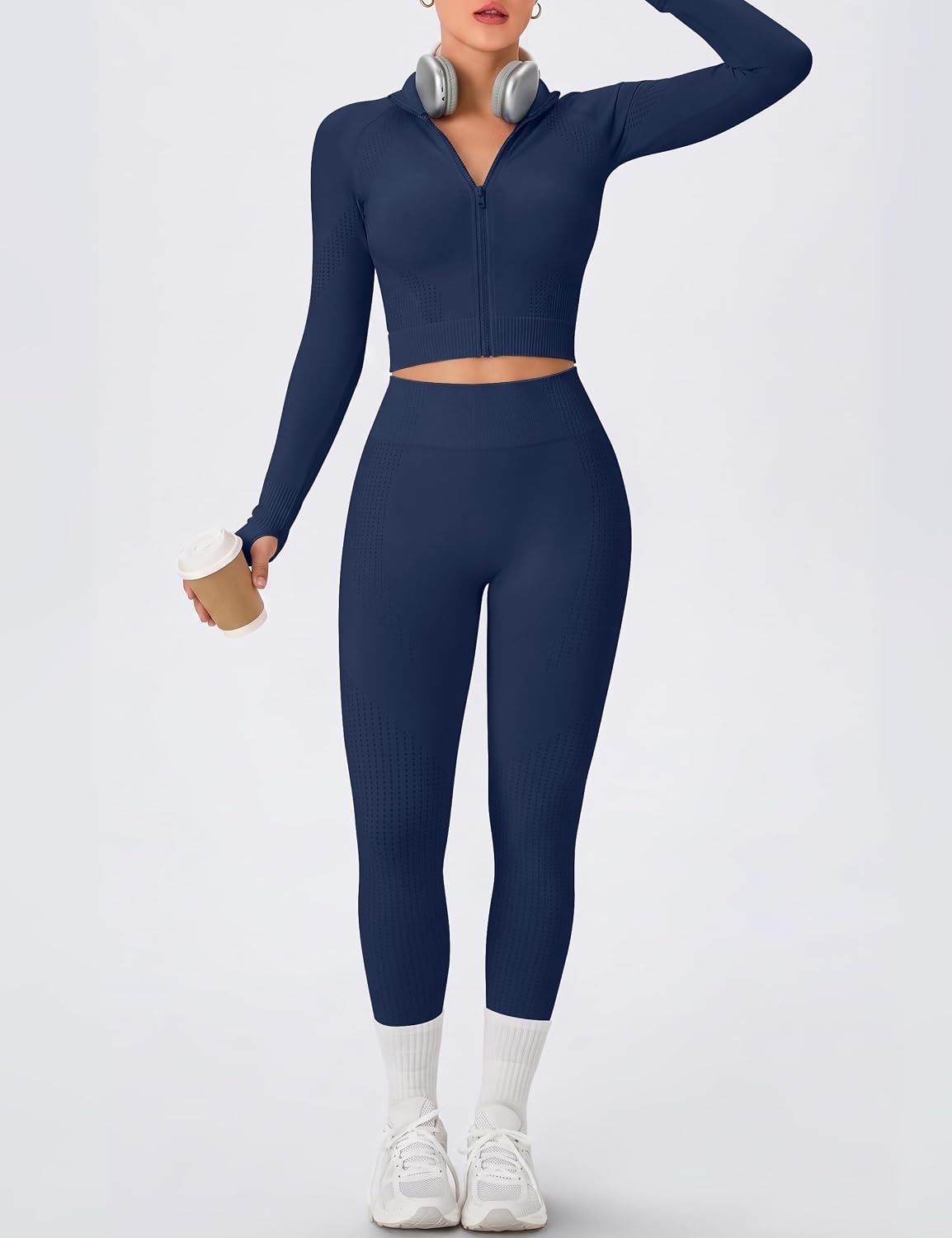 image:imageWomens Workout Sets 2 Piece Seamless Yoga Outfits Long Sleeve Zipper Jacket High Waist Leggings Butt Lifting Gym SetNavy