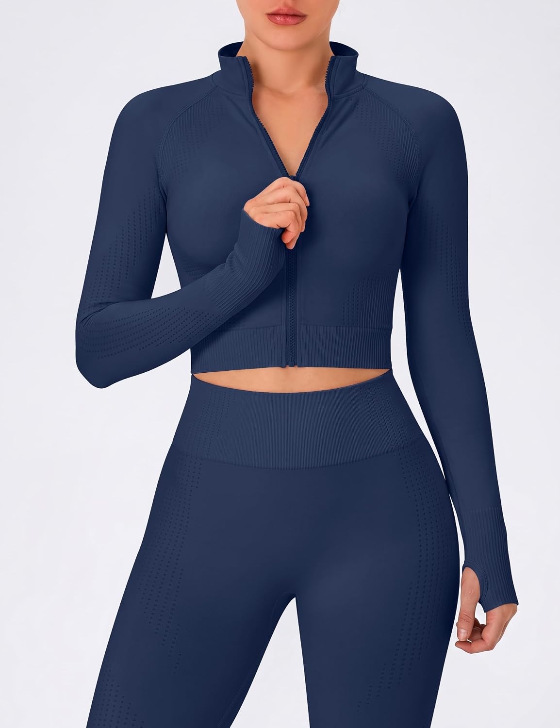 image:imageWomens Workout Sets 2 Piece Seamless Yoga Outfits Long Sleeve Zipper Jacket High Waist Leggings Butt Lifting Gym SetNavy