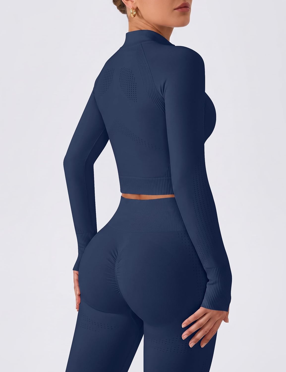 image:imageWomens Workout Sets 2 Piece Seamless Yoga Outfits Long Sleeve Zipper Jacket High Waist Leggings Butt Lifting Gym SetNavy