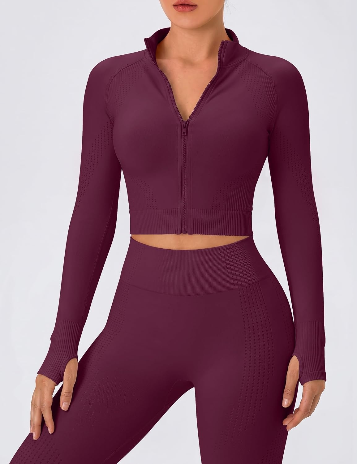 image:imageWomens Workout Sets 2 Piece Seamless Yoga Outfits Long Sleeve Zipper Jacket High Waist Leggings Butt Lifting Gym SetPlum
