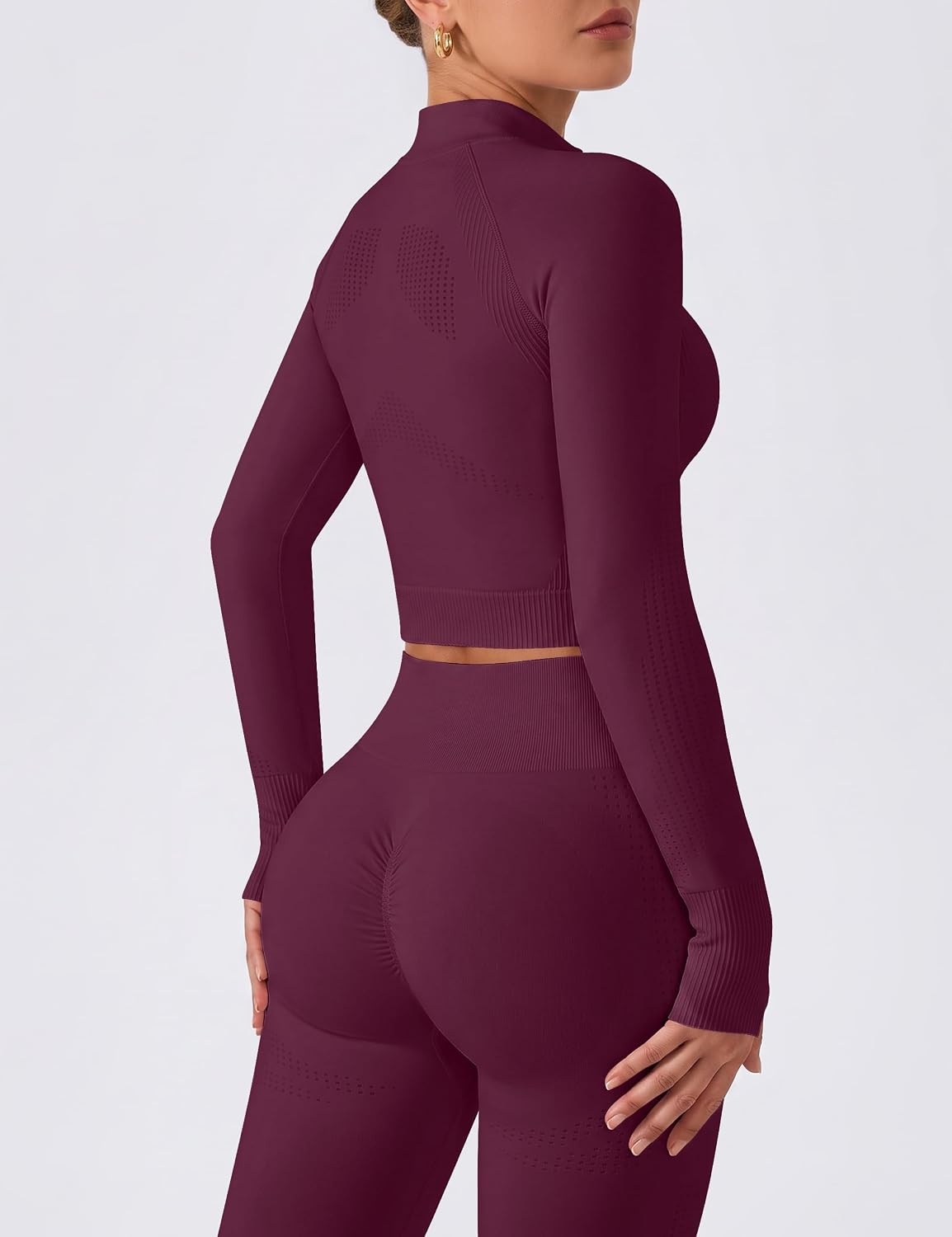 image:imageWomens Workout Sets 2 Piece Seamless Yoga Outfits Long Sleeve Zipper Jacket High Waist Leggings Butt Lifting Gym SetPlum