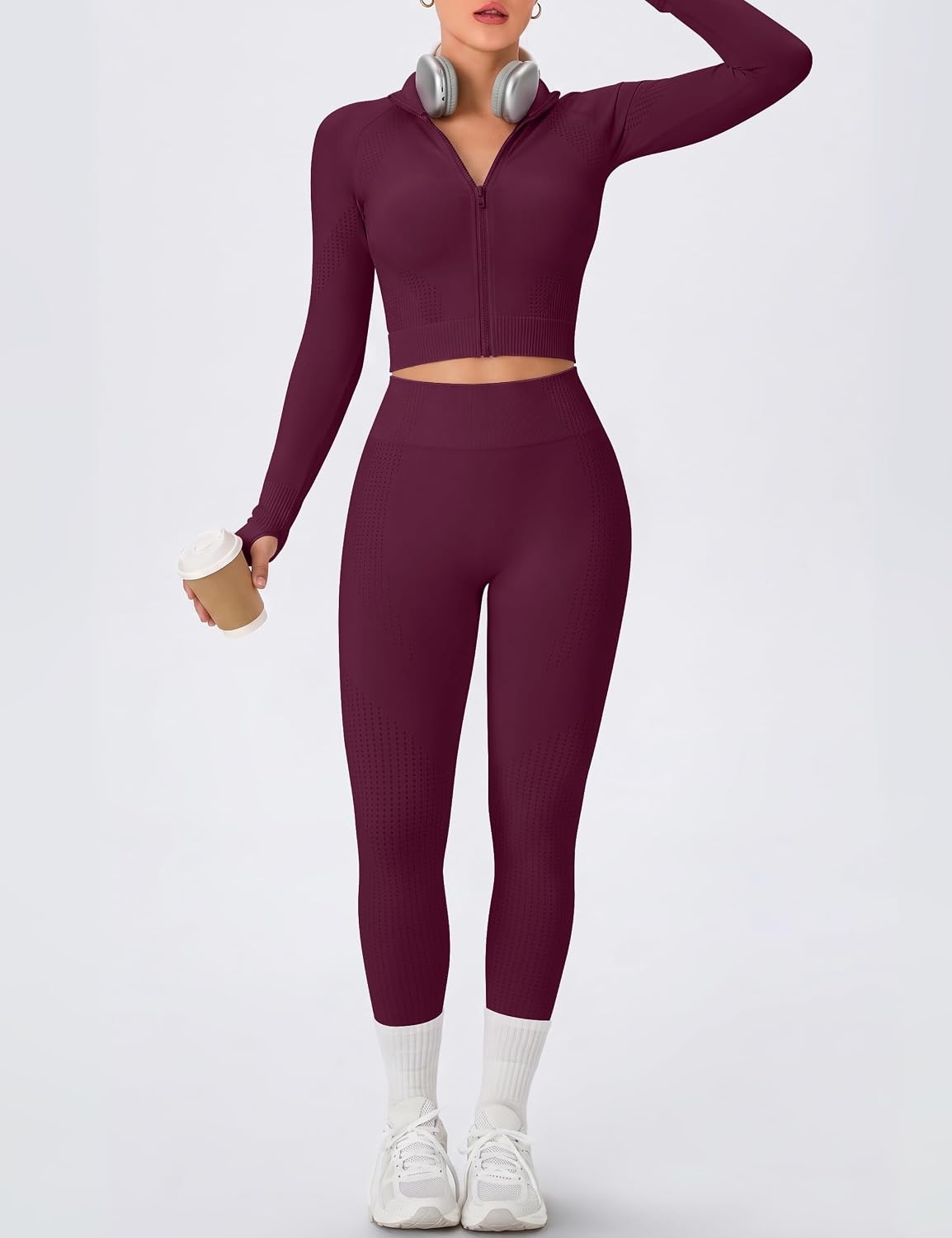 image:imageWomens Workout Sets 2 Piece Seamless Yoga Outfits Long Sleeve Zipper Jacket High Waist Leggings Butt Lifting Gym SetPlum