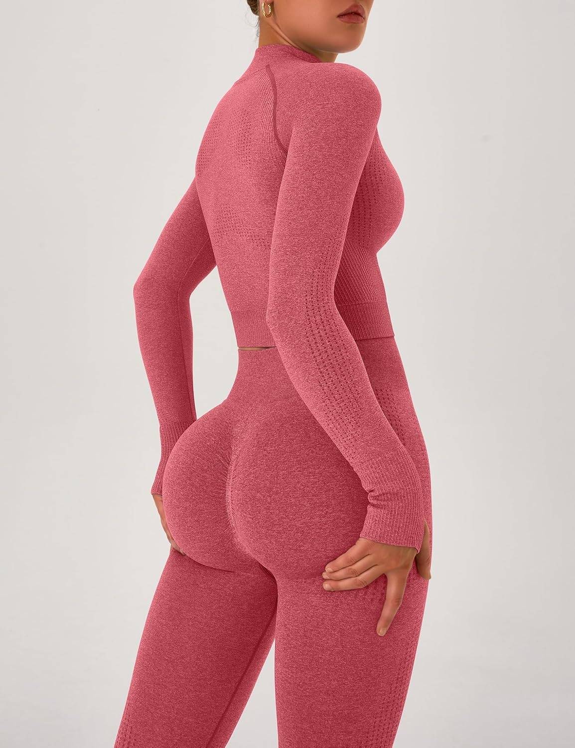 image:imageWomens Workout Sets 2 Piece Seamless Yoga Outfits Long Sleeve Zipper Jacket High Waist Leggings Butt Lifting Gym SetRed