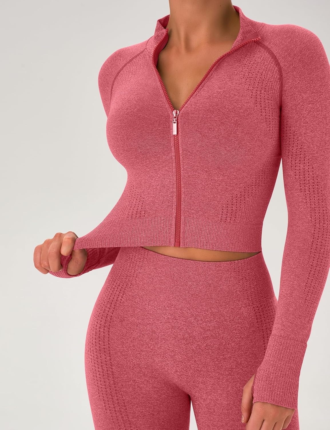 image:imageWomens Workout Sets 2 Piece Seamless Yoga Outfits Long Sleeve Zipper Jacket High Waist Leggings Butt Lifting Gym SetRed
