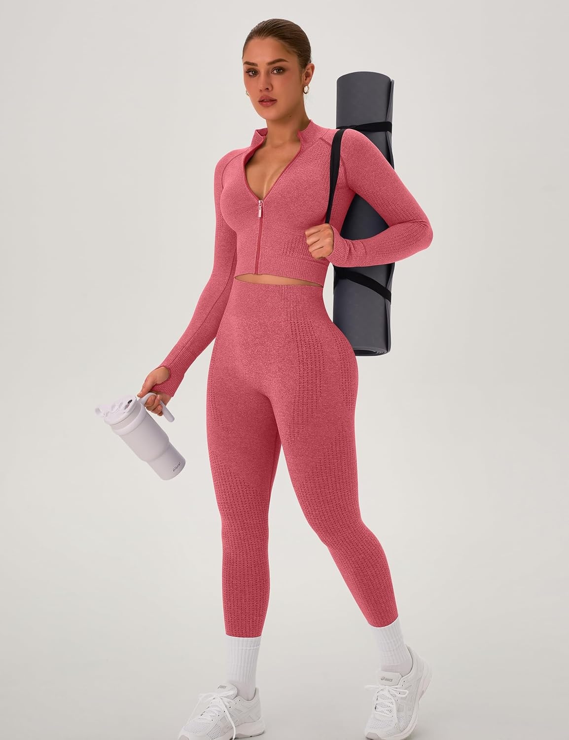 image:imageWomens Workout Sets 2 Piece Seamless Yoga Outfits Long Sleeve Zipper Jacket High Waist Leggings Butt Lifting Gym SetRed
