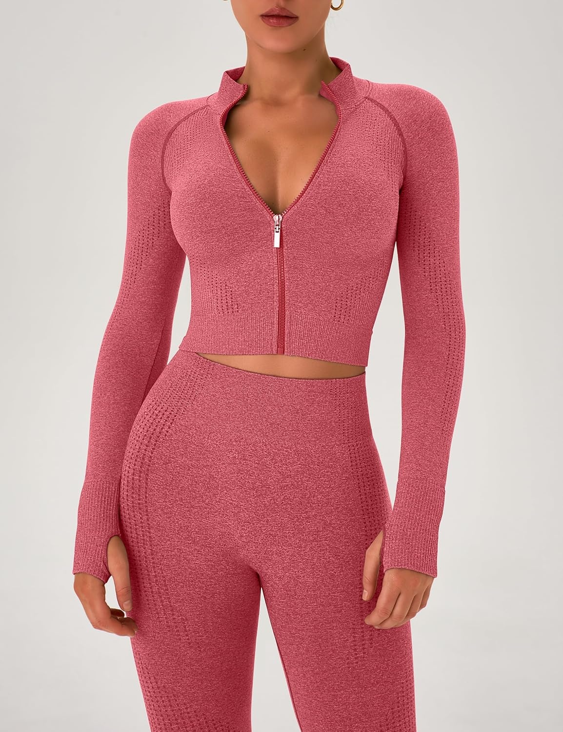 image:imageWomens Workout Sets 2 Piece Seamless Yoga Outfits Long Sleeve Zipper Jacket High Waist Leggings Butt Lifting Gym SetRed