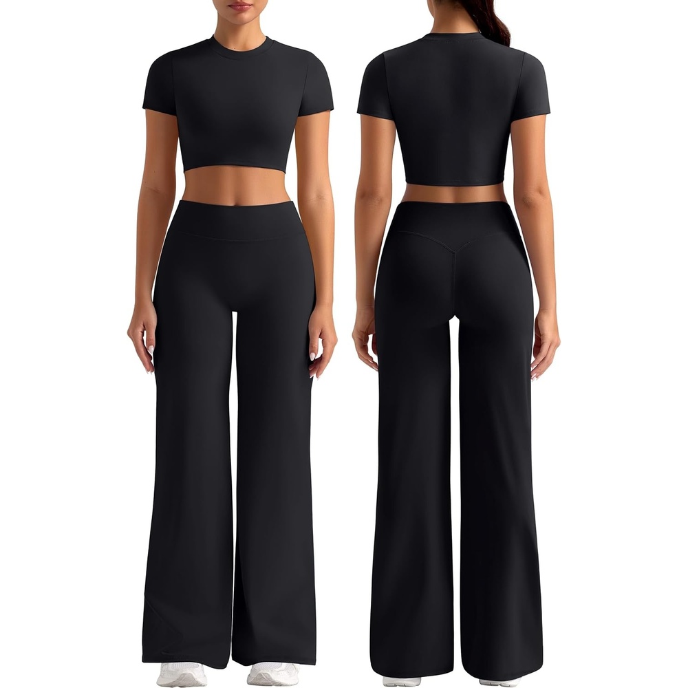 image:imageWomens Workout Sets 2 Piece Crop Short Sleeve Shirt High Waist Straight Wide Leg Yoga Pants Matching Gym Summer OutfitBlack
